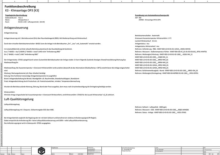 Funktionen einer Anlage (hier Bspl. Klimaanlage) werden in EPLAN Preplanning definiert und in eine automatisch erstellte Funktionsbeschreibung ausgeleitet.